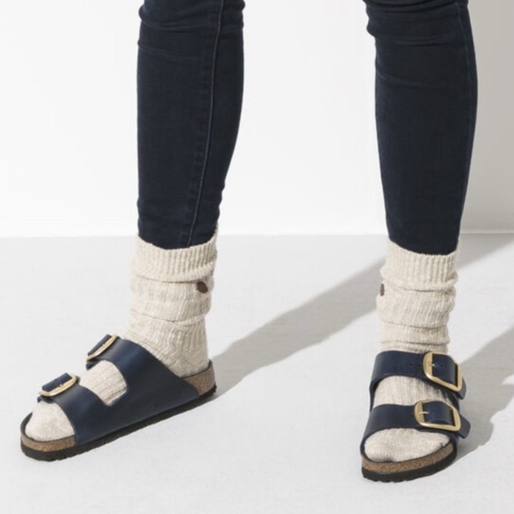 NIB Birkenstock Arizona Big Buckle Leather Navy Gold Womens 11 Narrow EU42 - Picture 2 of 13